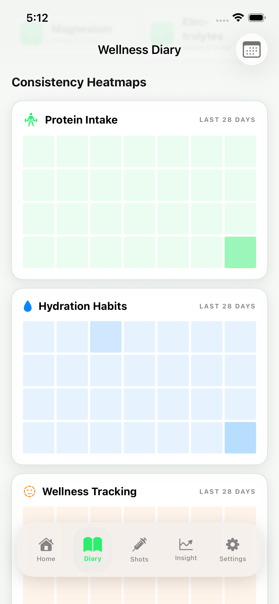 NutriGLP wellness diary screen