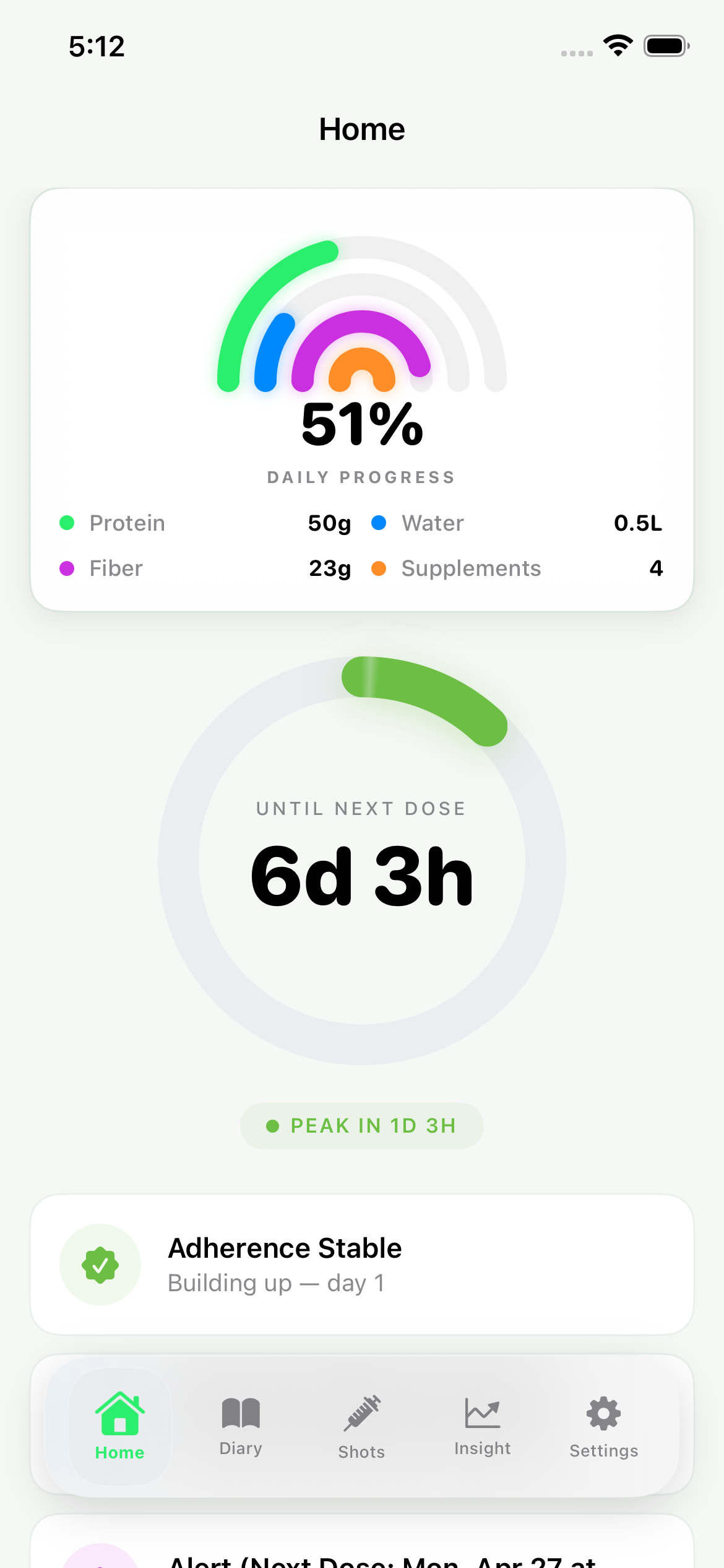 NutriGLP home dashboard screen