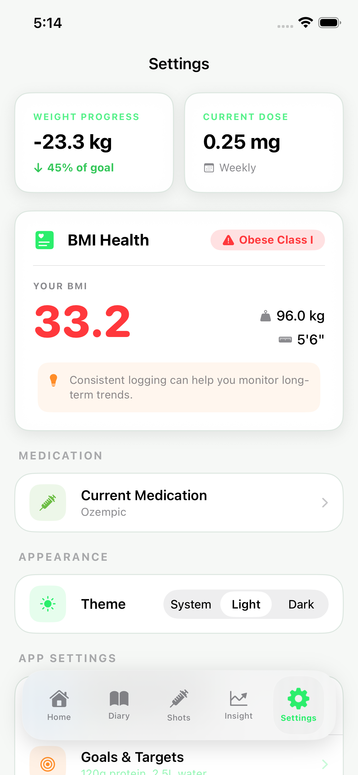 NutriGLP settings screen